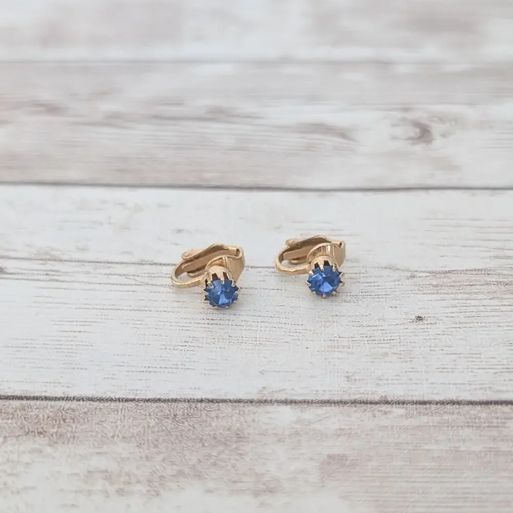 Vintage Clip On Earrings Blue Gem - Dainty